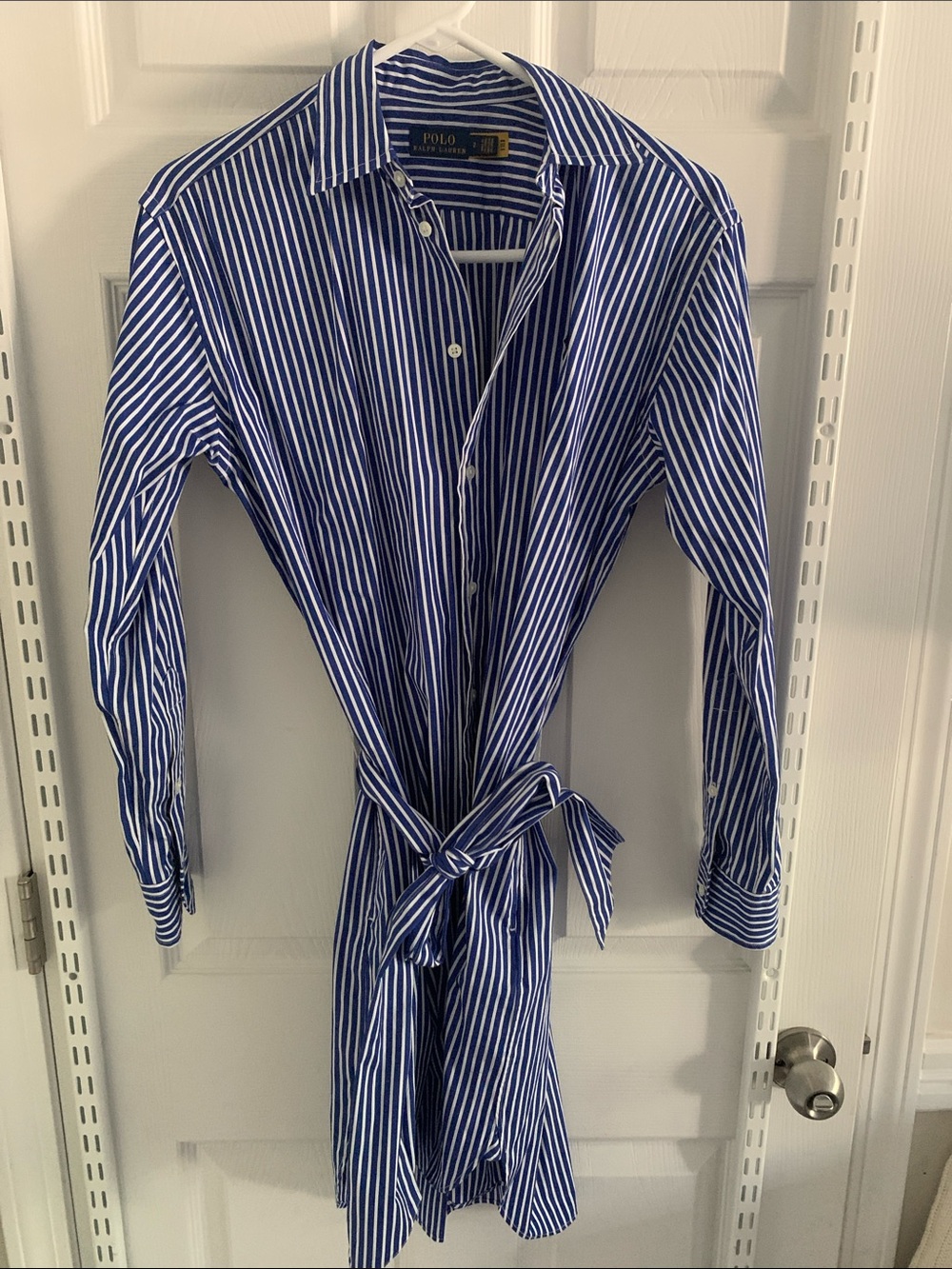 Polo by Ralph Lauren Navy & White Stripe Long Sleeve Shirt Dress with Tie